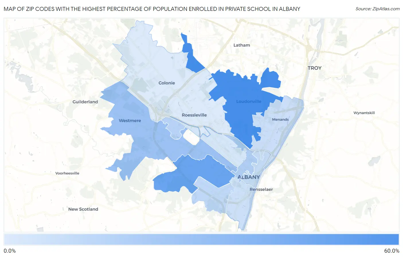 Zip Codes with the Highest Percentage of Population Enrolled in Private School in Albany Map