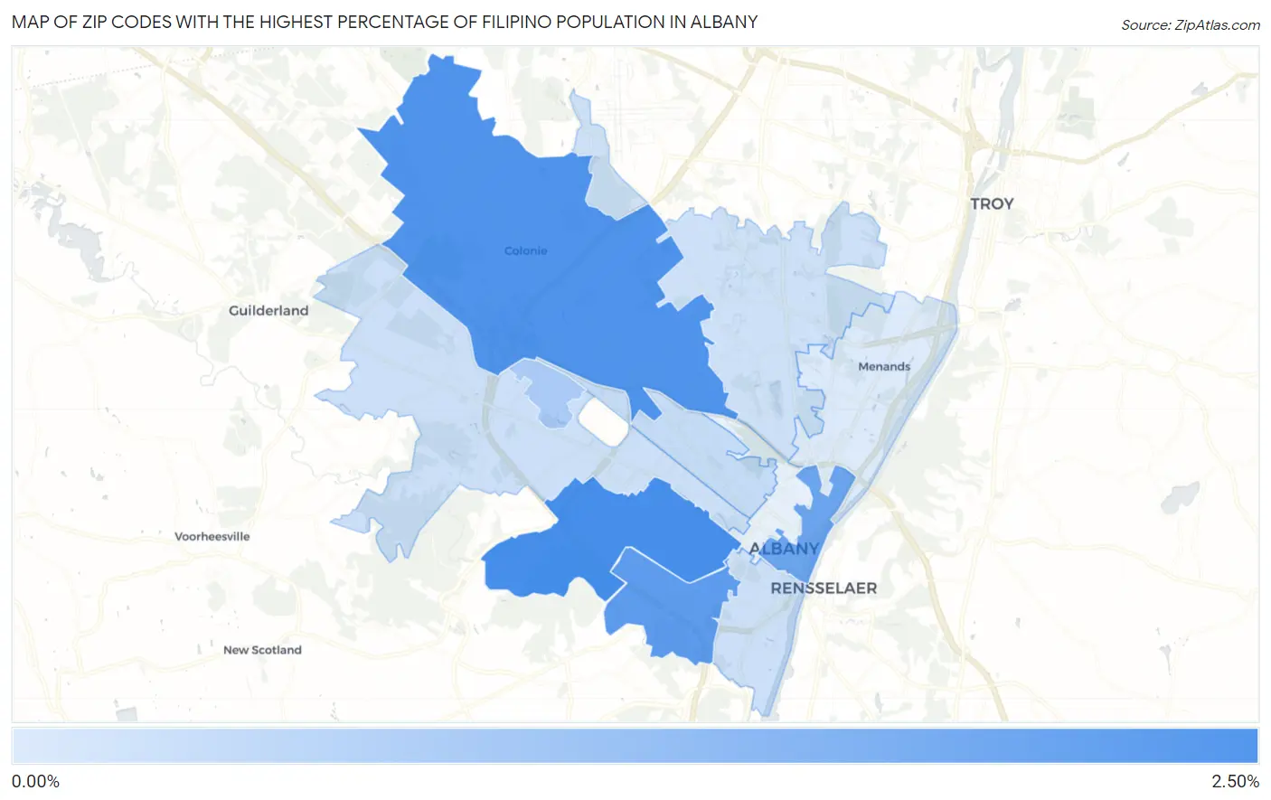 Zip Codes with the Highest Percentage of Filipino Population in Albany Map
