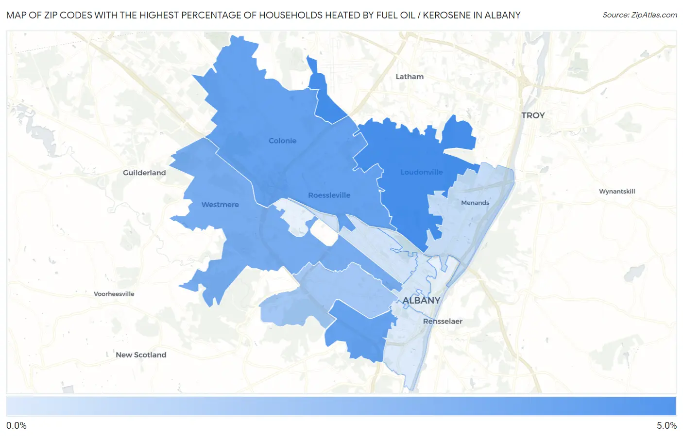 Zip Codes with the Highest Percentage of Households Heated by Fuel Oil / Kerosene in Albany Map