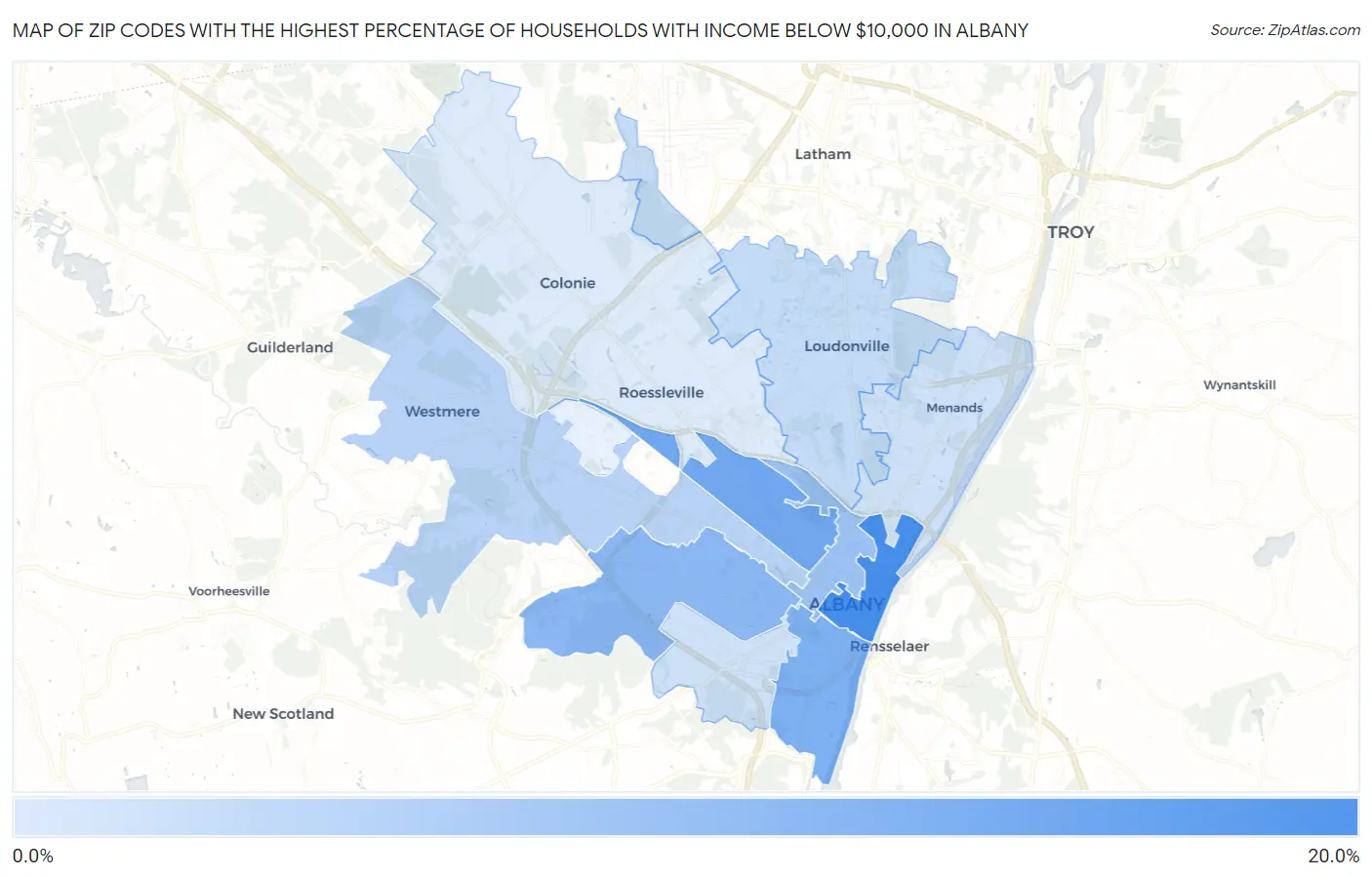 Zip Codes with the Highest Percentage of Households with Income Below $10,000 in Albany Map