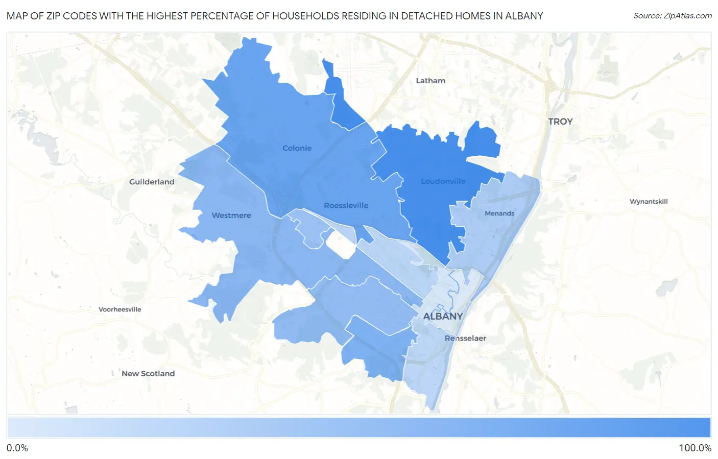 Zip Codes with the Highest Percentage of Households Residing in Detached Homes in Albany Map