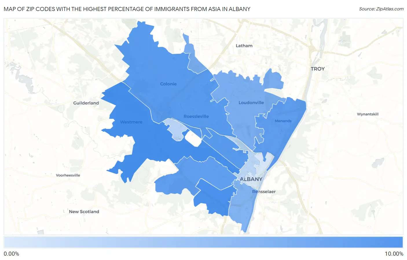 Zip Codes with the Highest Percentage of Immigrants from Asia in Albany Map