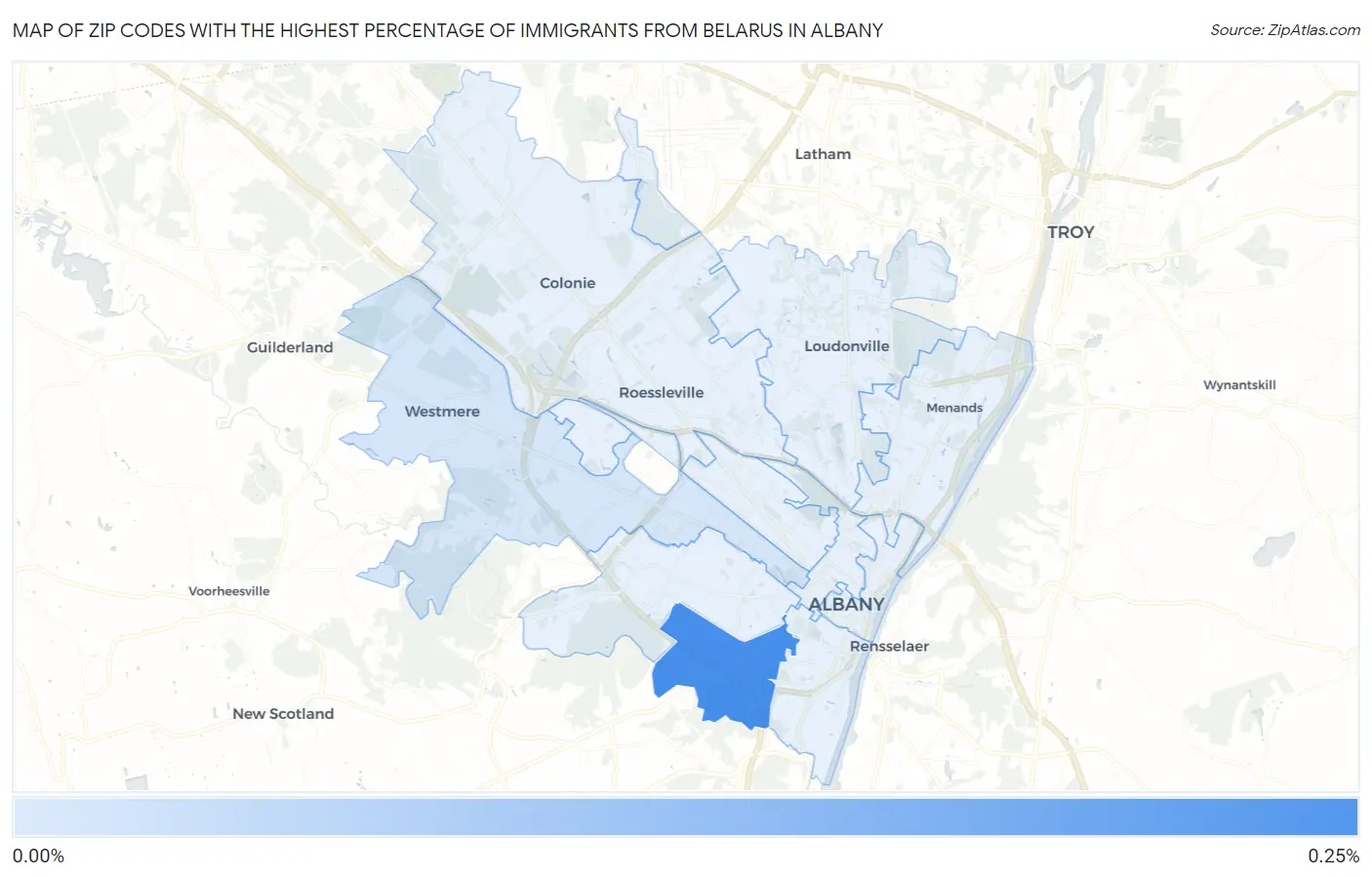 Zip Codes with the Highest Percentage of Immigrants from Belarus in Albany Map
