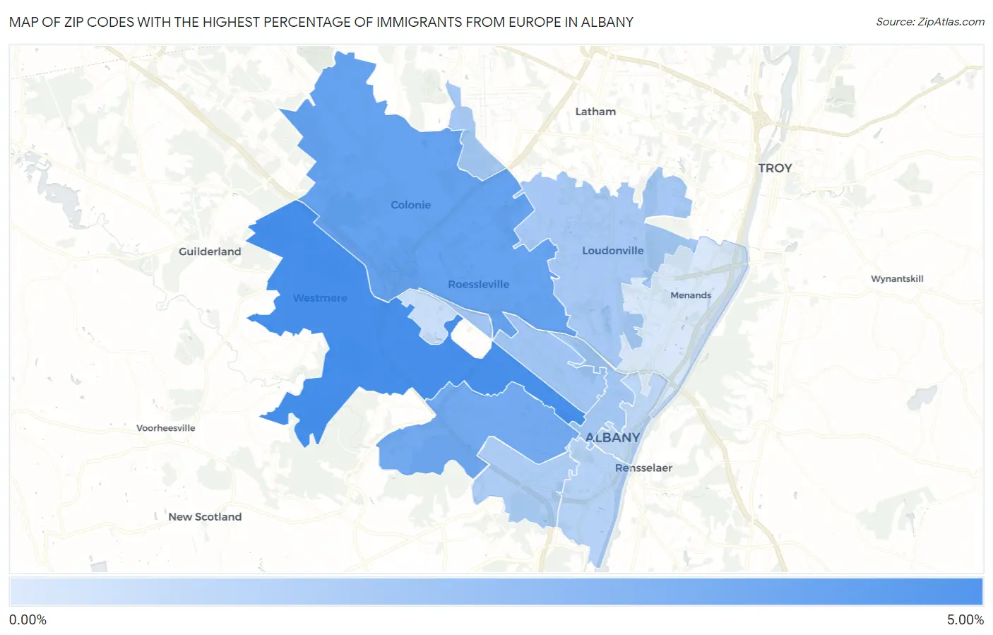 Zip Codes with the Highest Percentage of Immigrants from Europe in Albany Map