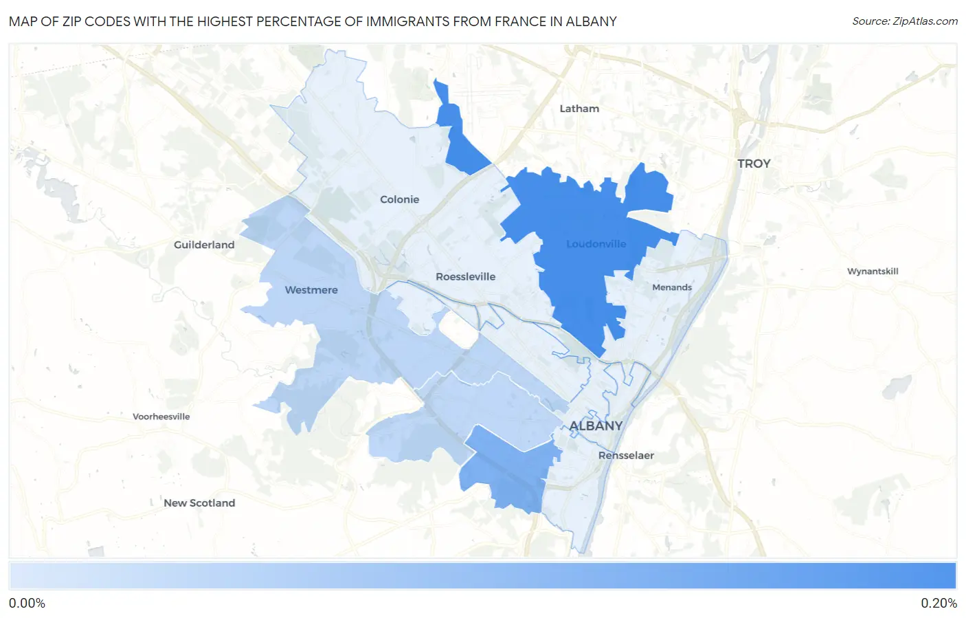 Zip Codes with the Highest Percentage of Immigrants from France in Albany Map