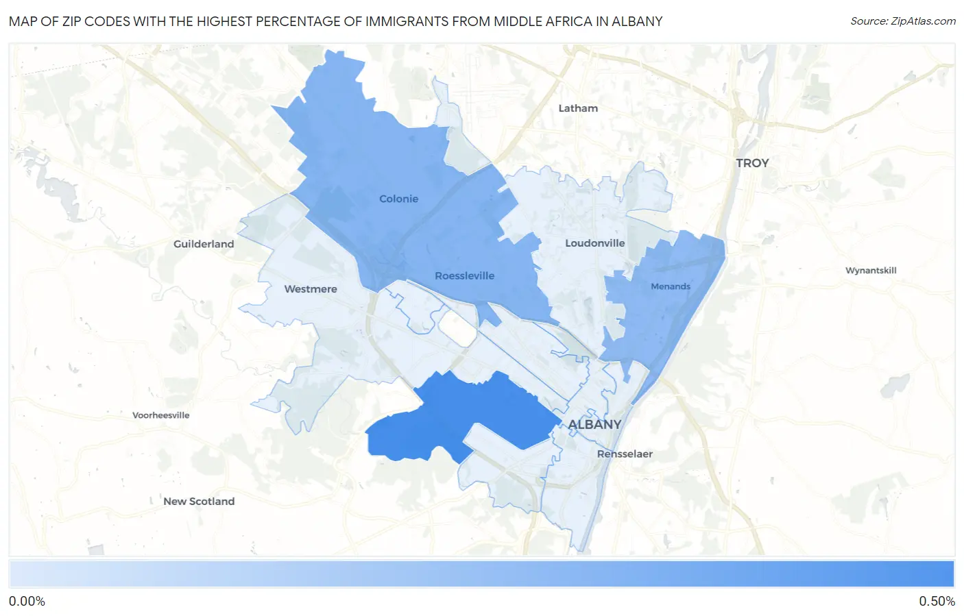Zip Codes with the Highest Percentage of Immigrants from Middle Africa in Albany Map