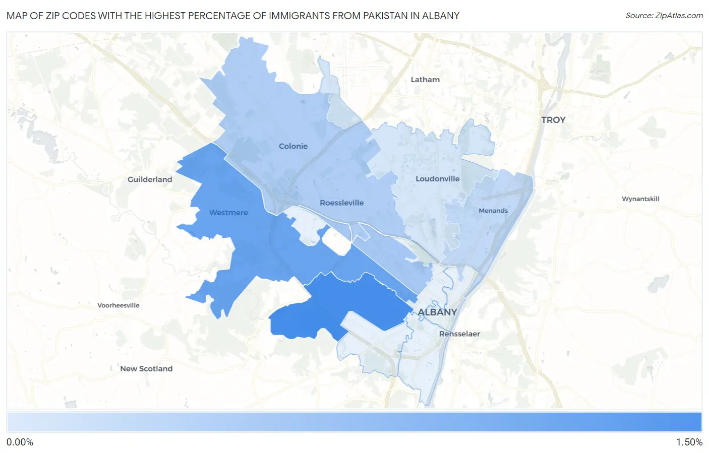 Zip Codes with the Highest Percentage of Immigrants from Pakistan in Albany Map