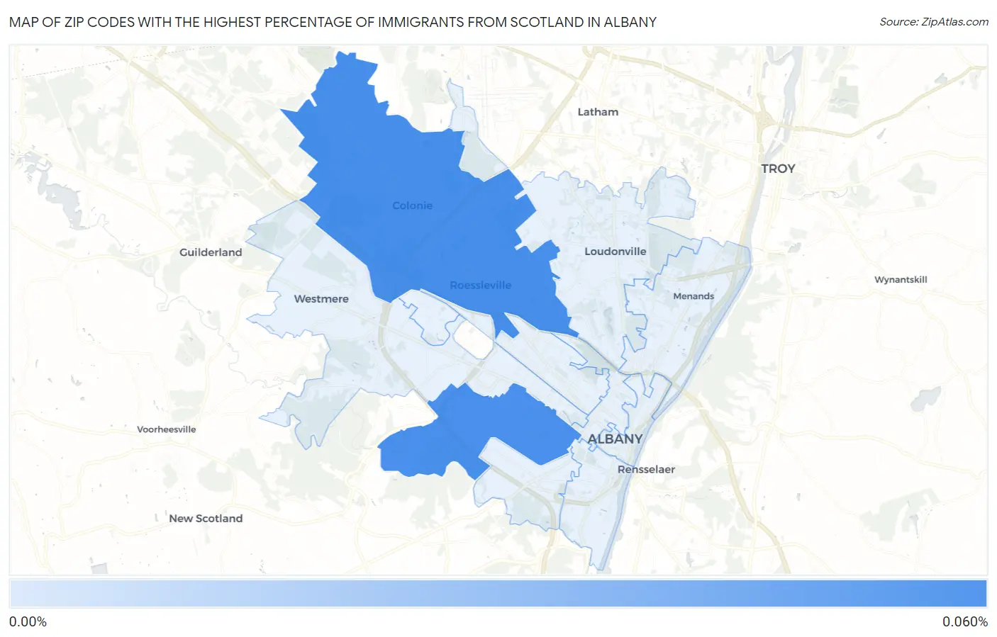 Zip Codes with the Highest Percentage of Immigrants from Scotland in Albany Map