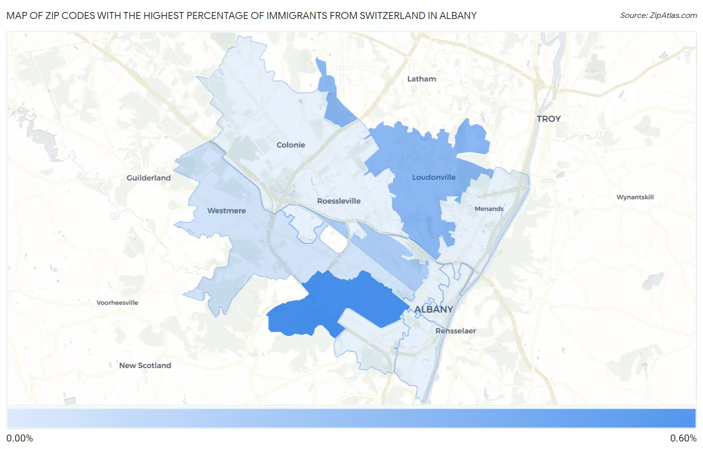 Zip Codes with the Highest Percentage of Immigrants from Switzerland in Albany Map