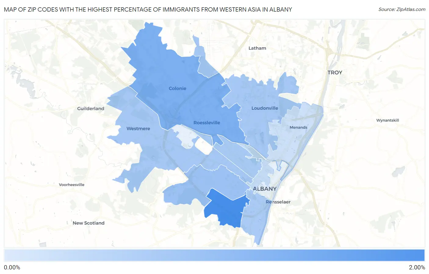 Zip Codes with the Highest Percentage of Immigrants from Western Asia in Albany Map