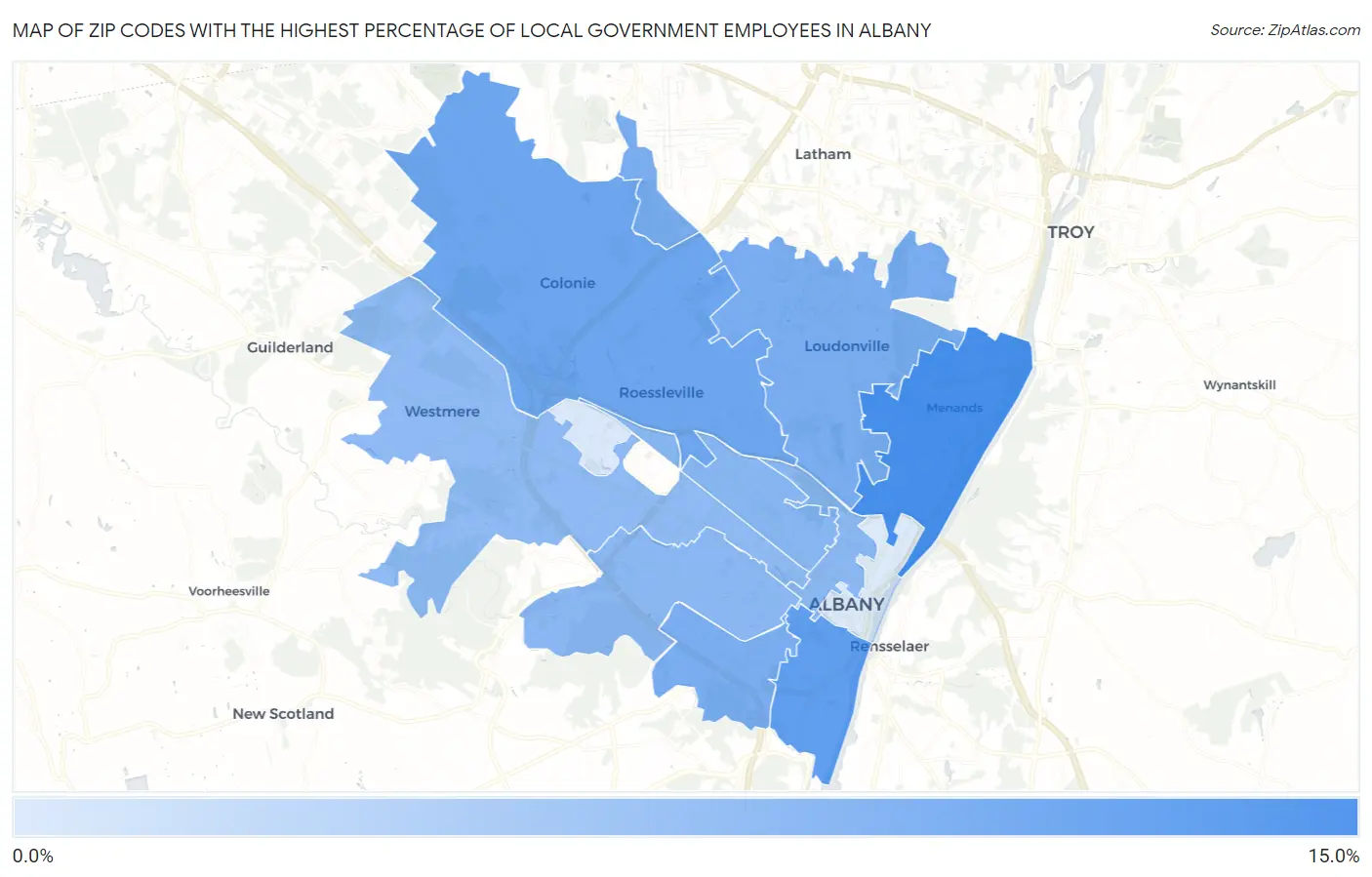 Zip Codes with the Highest Percentage of Local Government Employees in Albany Map