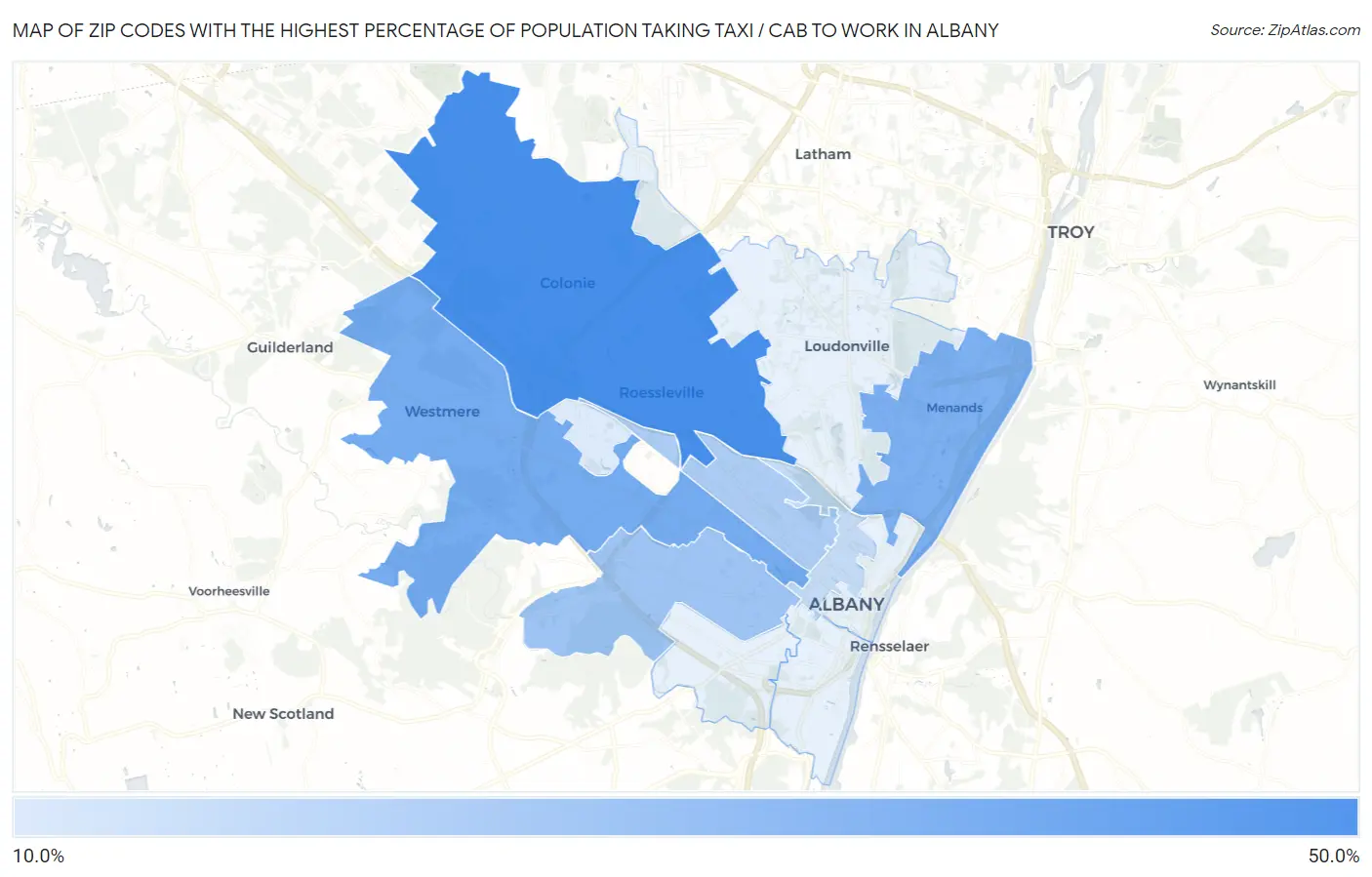 Zip Codes with the Highest Percentage of Population Taking Taxi / Cab to Work in Albany Map
