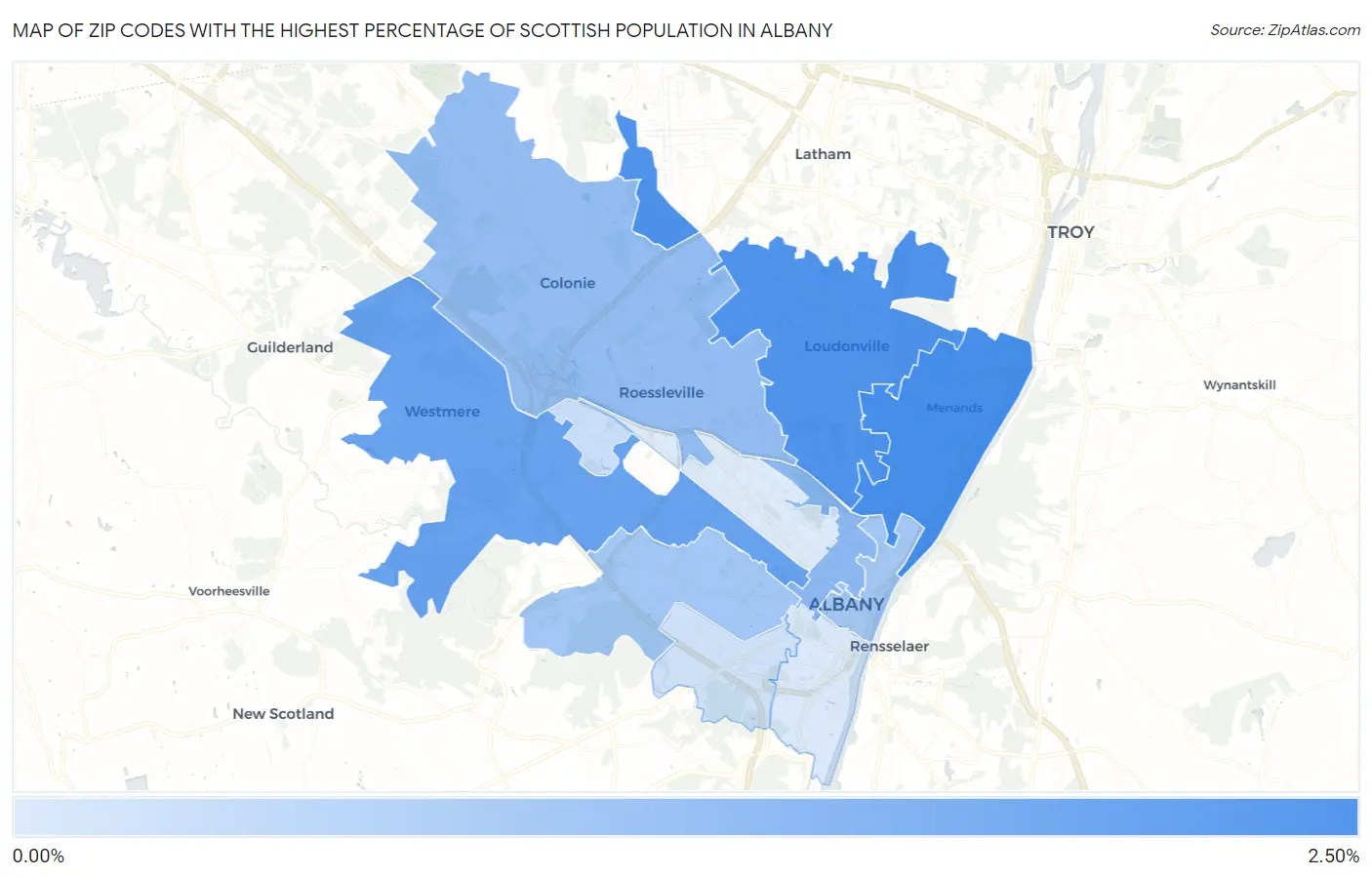 Zip Codes with the Highest Percentage of Scottish Population in Albany Map