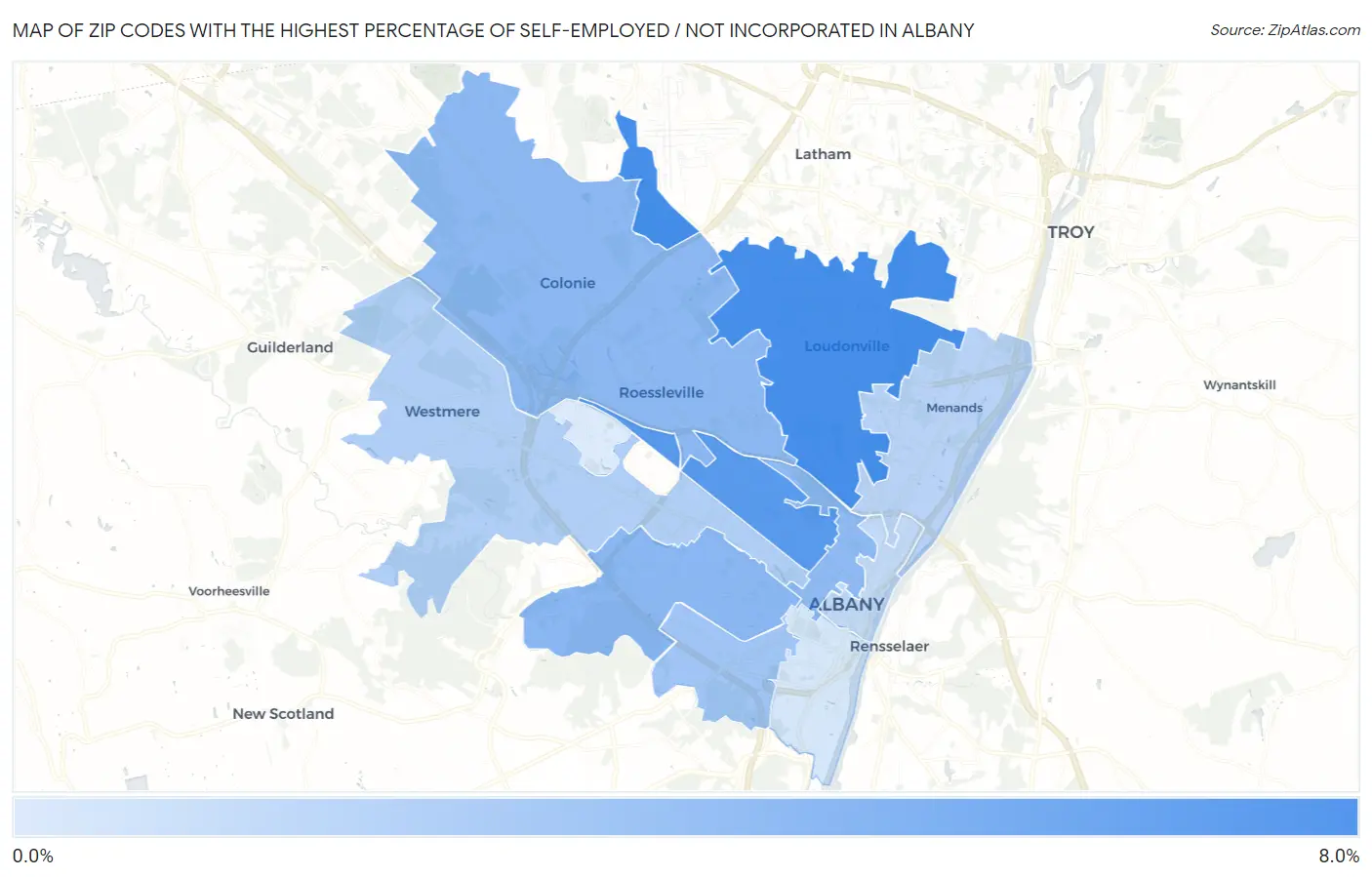 Zip Codes with the Highest Percentage of Self-Employed / Not Incorporated in Albany Map