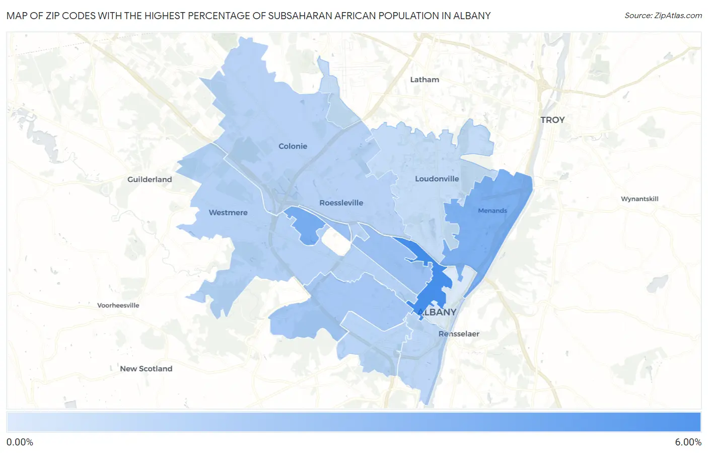 Zip Codes with the Highest Percentage of Subsaharan African Population in Albany Map