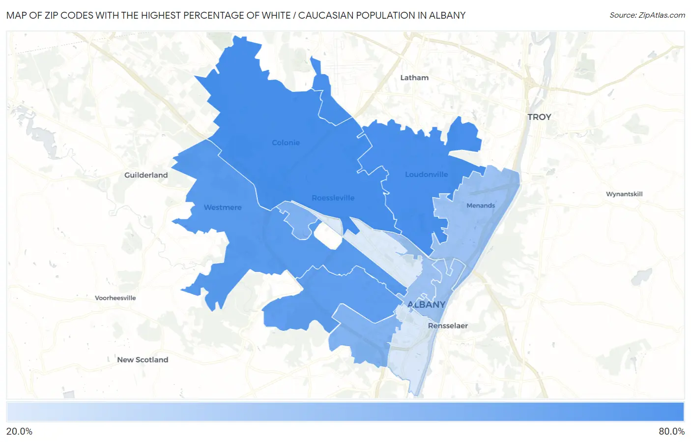 Zip Codes with the Highest Percentage of White / Caucasian Population in Albany Map