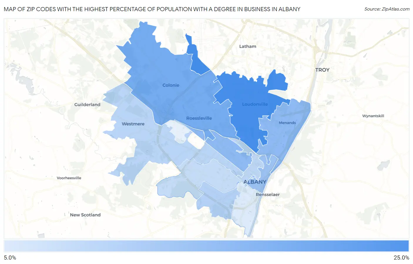 Zip Codes with the Highest Percentage of Population with a Degree in Business in Albany Map