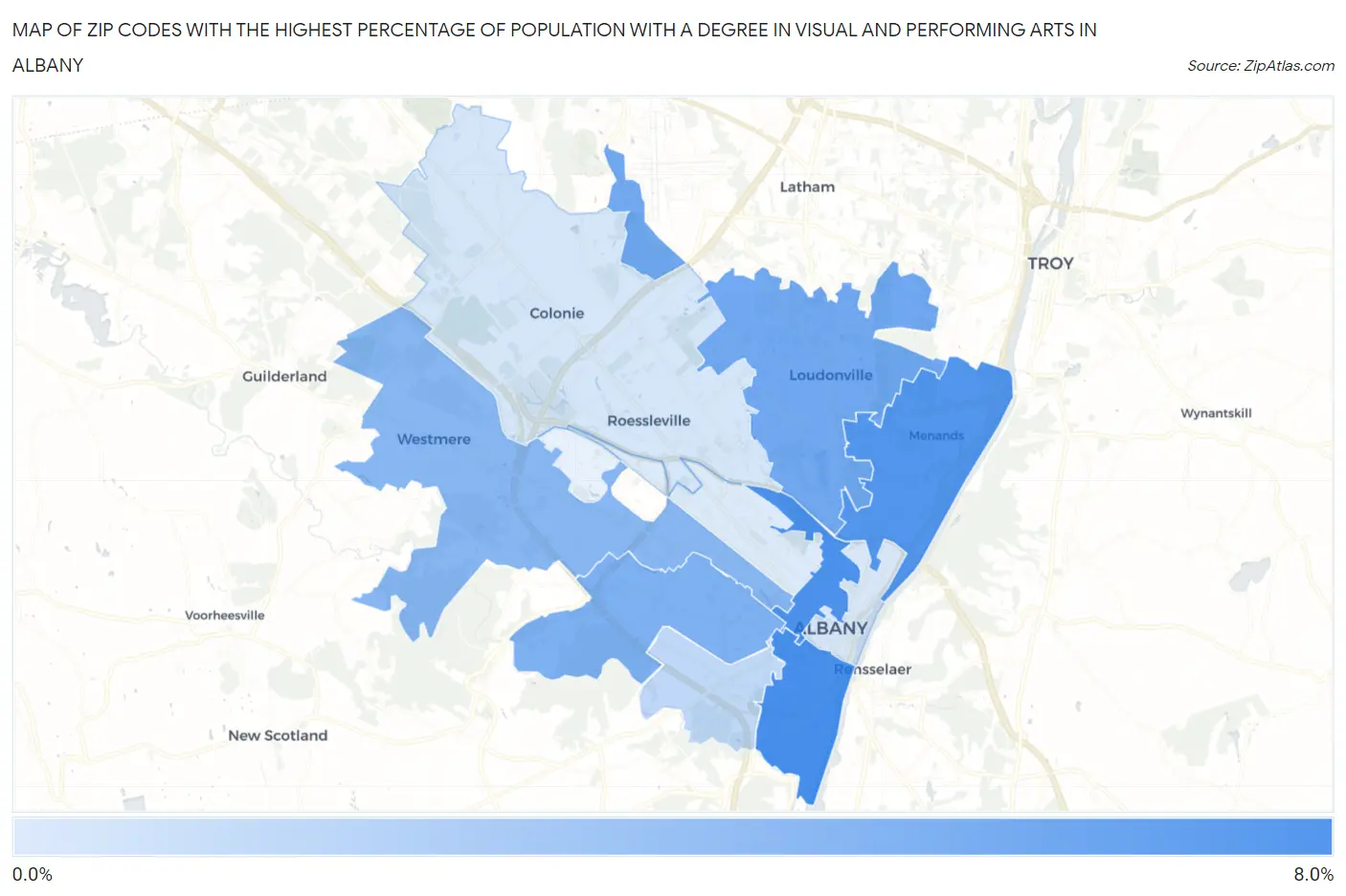 Zip Codes with the Highest Percentage of Population with a Degree in Visual and Performing Arts in Albany Map