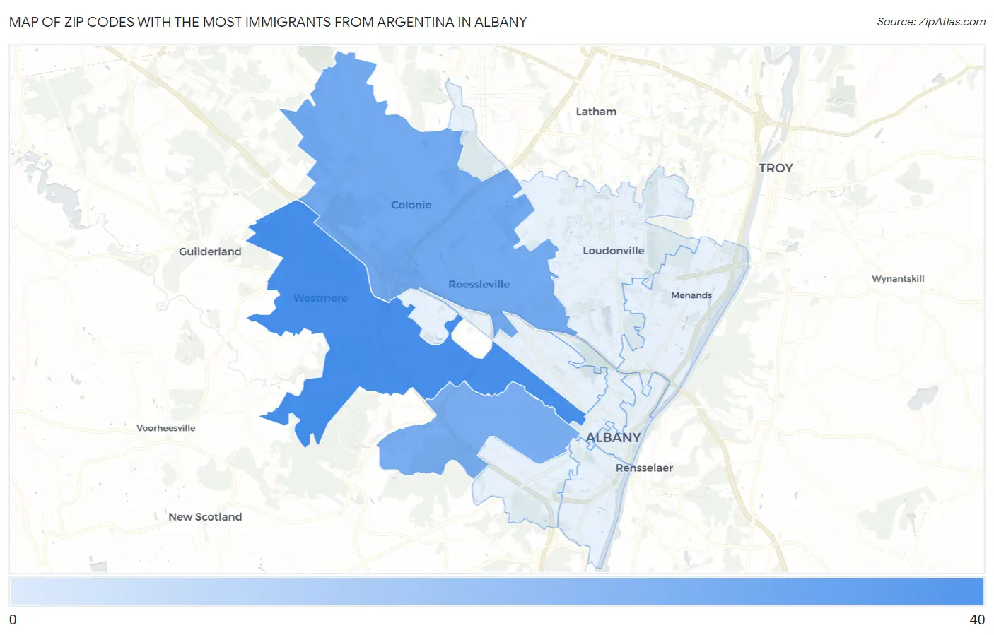Zip Codes with the Most Immigrants from Argentina in Albany Map