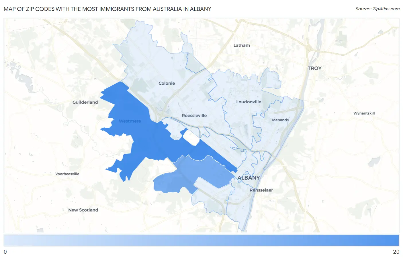 Zip Codes with the Most Immigrants from Australia in Albany Map