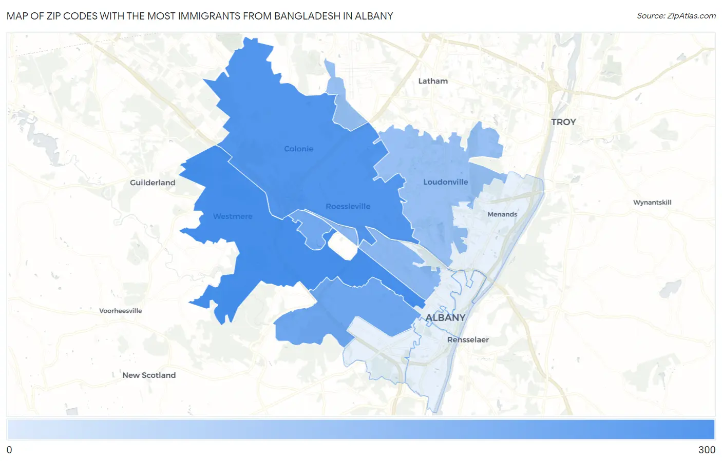 Zip Codes with the Most Immigrants from Bangladesh in Albany Map
