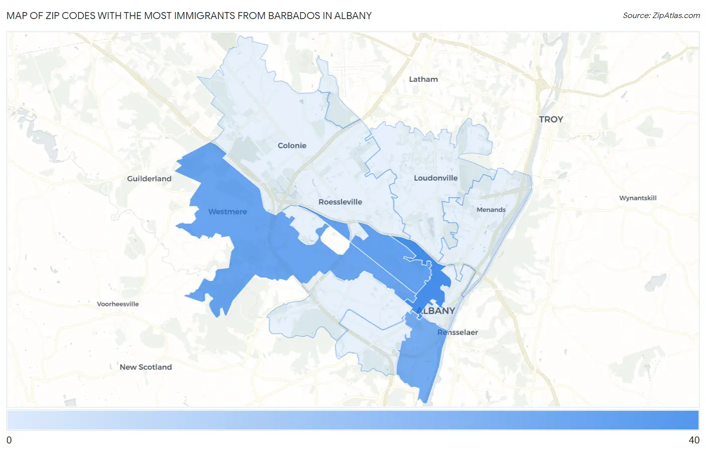 Zip Codes with the Most Immigrants from Barbados in Albany Map