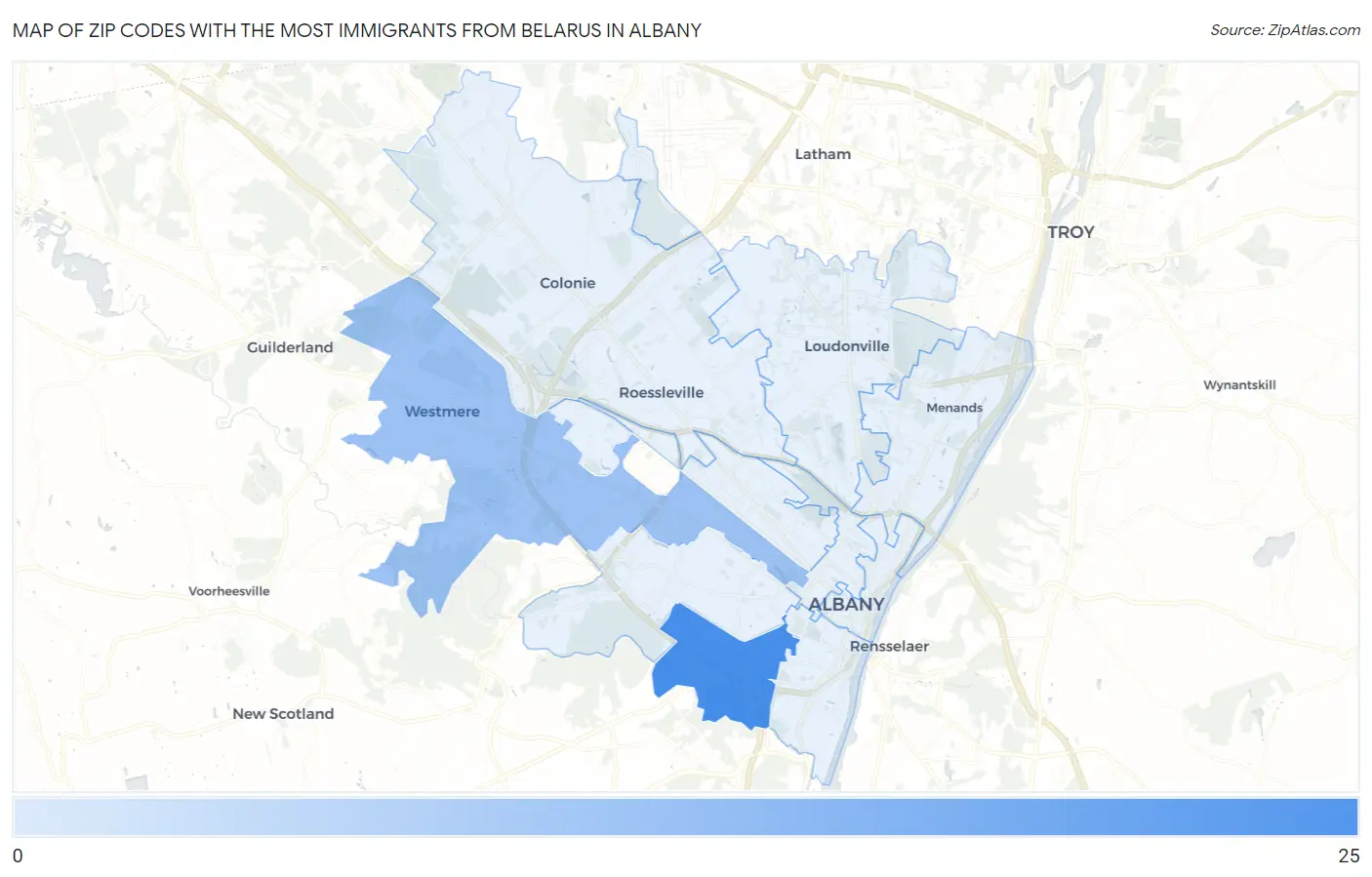 Zip Codes with the Most Immigrants from Belarus in Albany Map