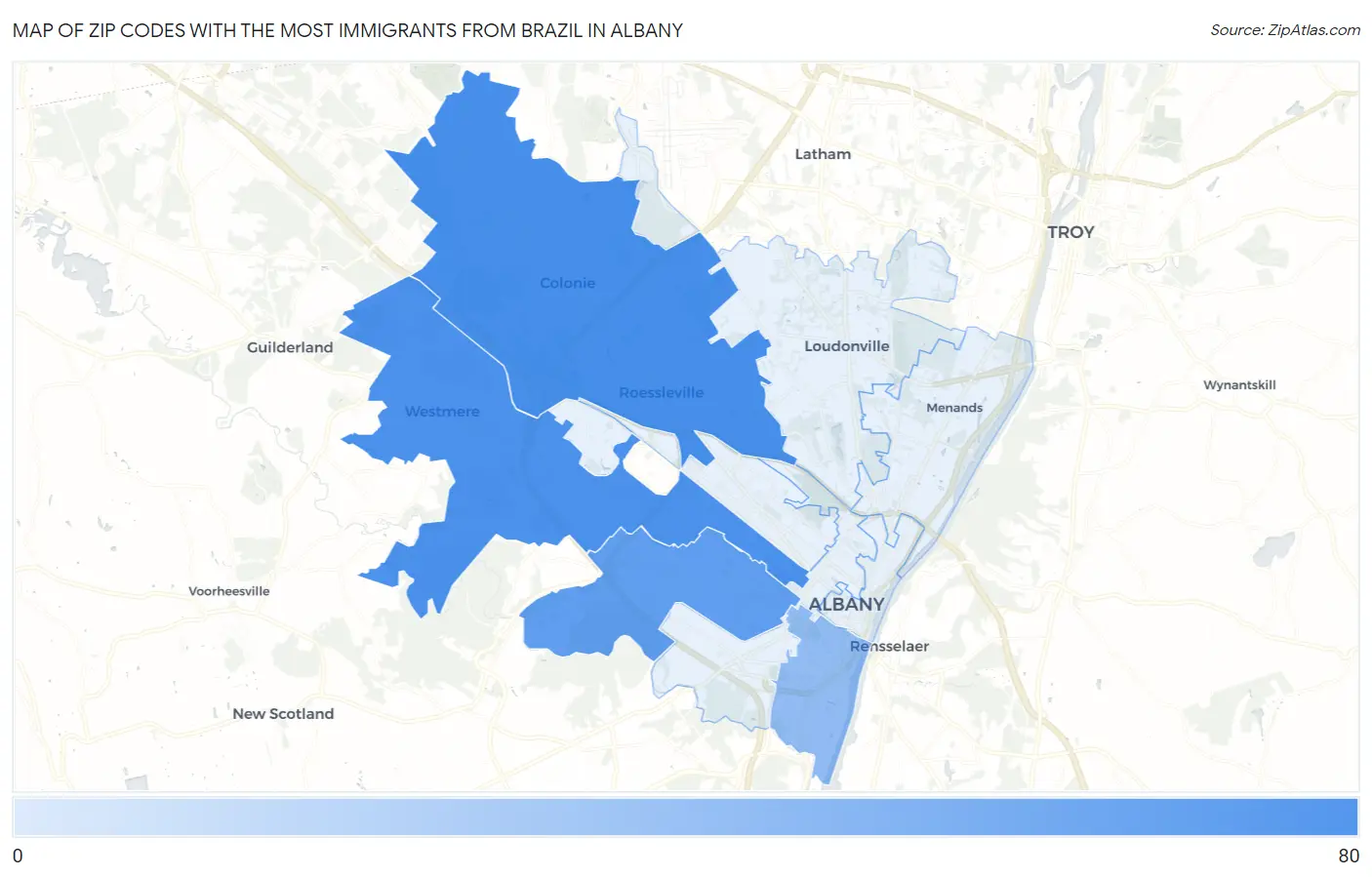 Zip Codes with the Most Immigrants from Brazil in Albany Map