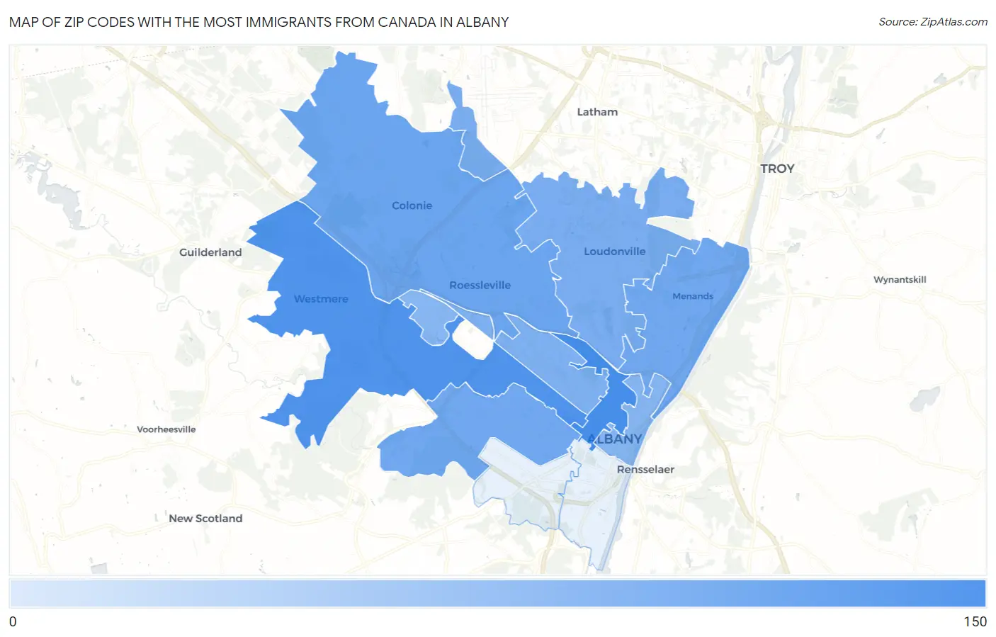 Zip Codes with the Most Immigrants from Canada in Albany Map