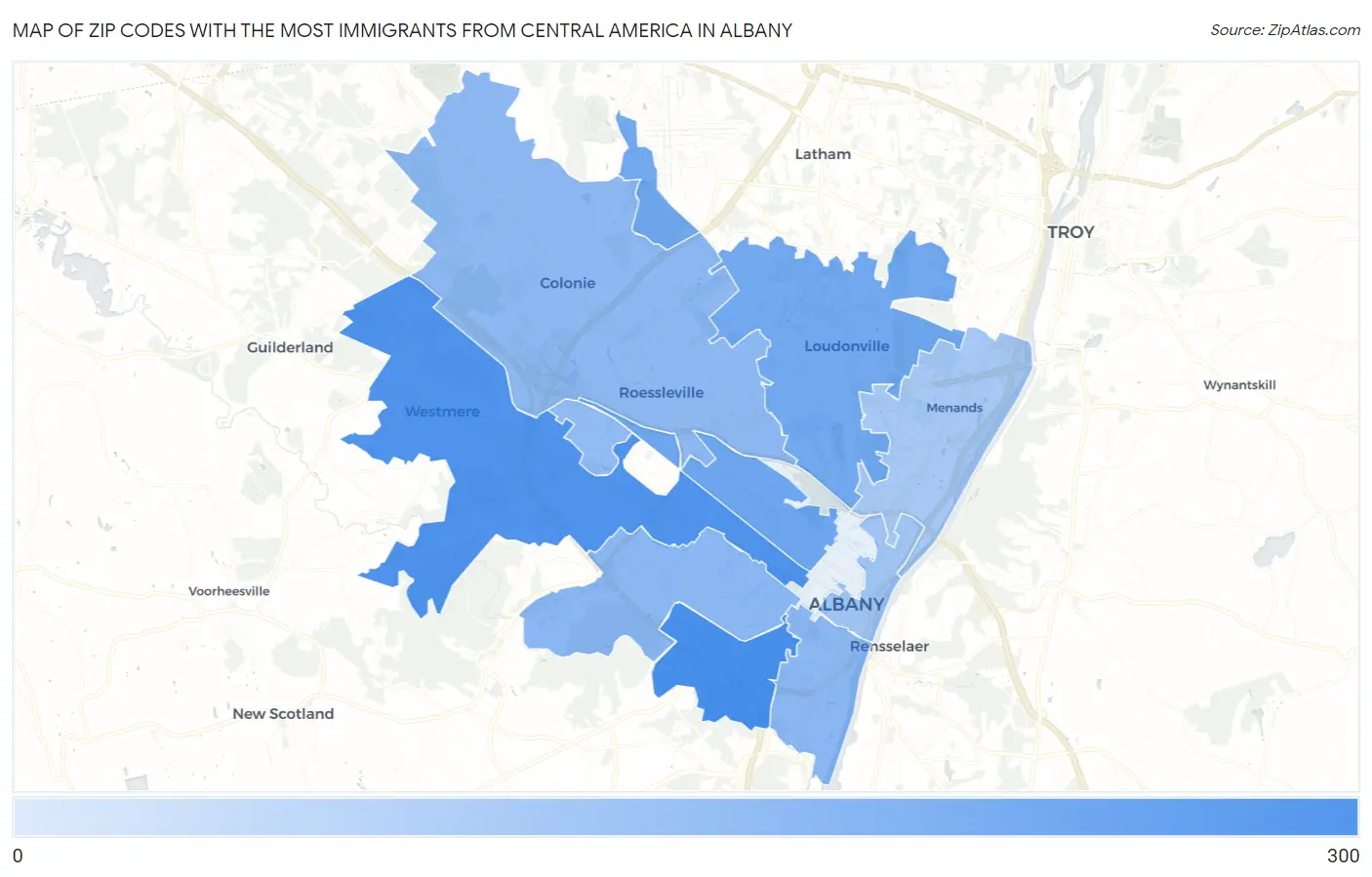Zip Codes with the Most Immigrants from Central America in Albany Map