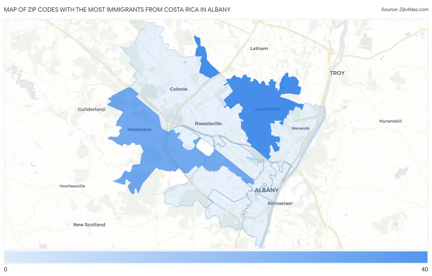 Zip Codes with the Most Immigrants from Costa Rica in Albany Map