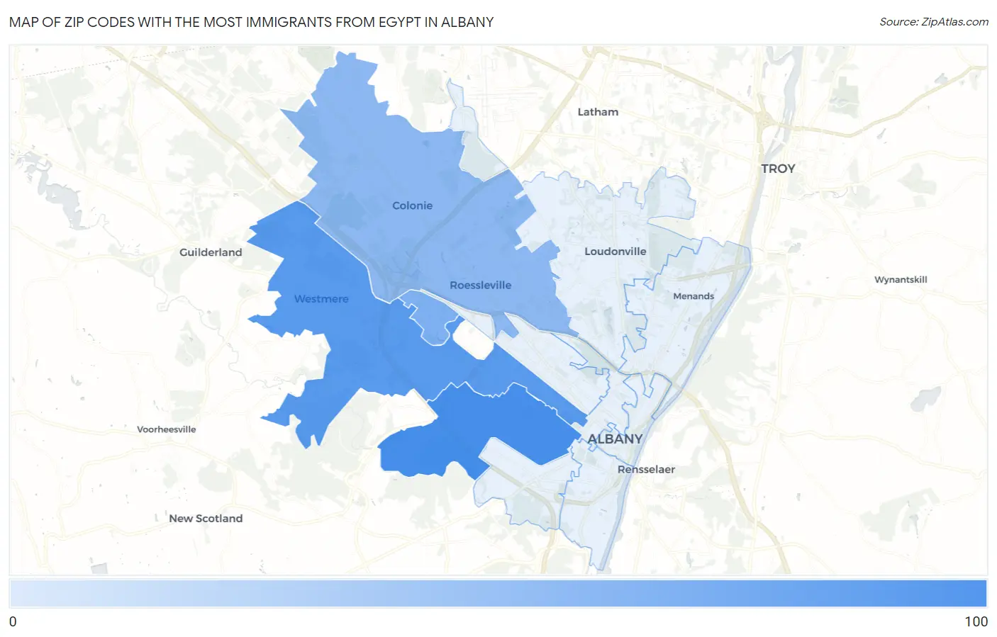 Zip Codes with the Most Immigrants from Egypt in Albany Map
