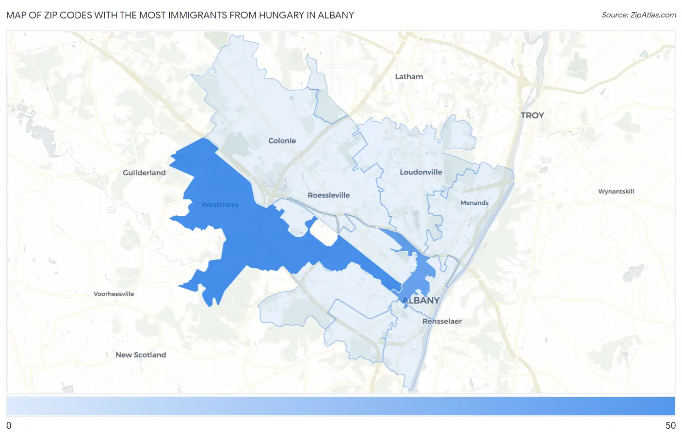 Zip Codes with the Most Immigrants from Hungary in Albany Map