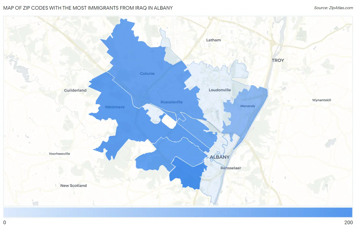 Zip Codes with the Most Immigrants from Iraq in Albany Map