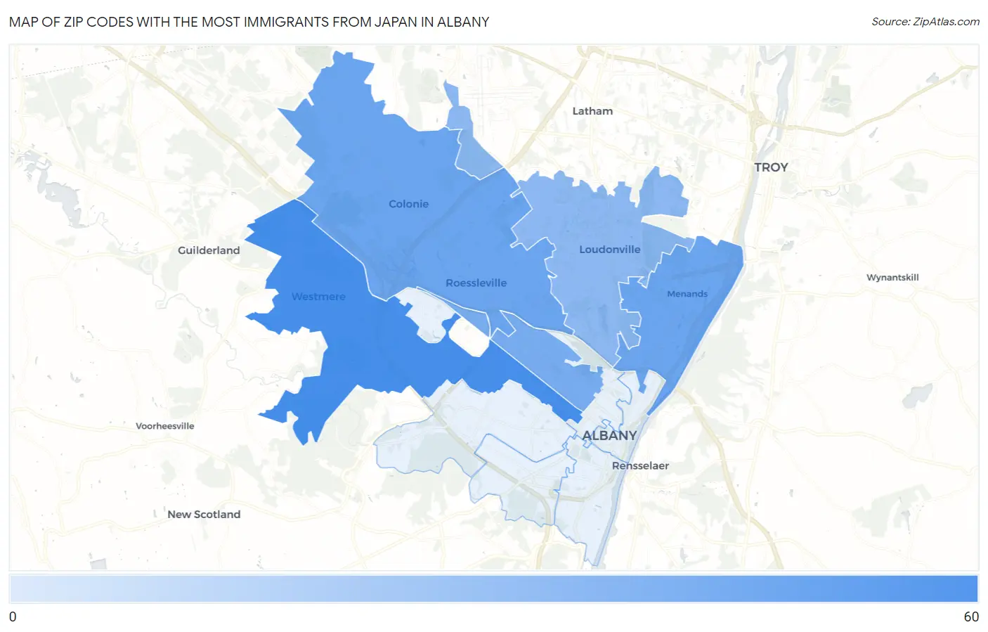Zip Codes with the Most Immigrants from Japan in Albany Map