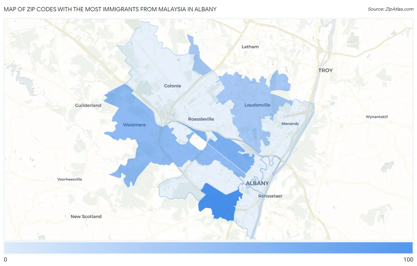 Zip Codes with the Most Immigrants from Malaysia in Albany Map