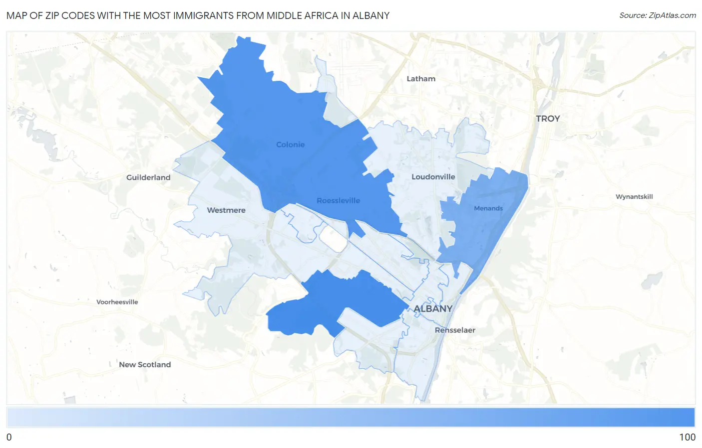 Zip Codes with the Most Immigrants from Middle Africa in Albany Map