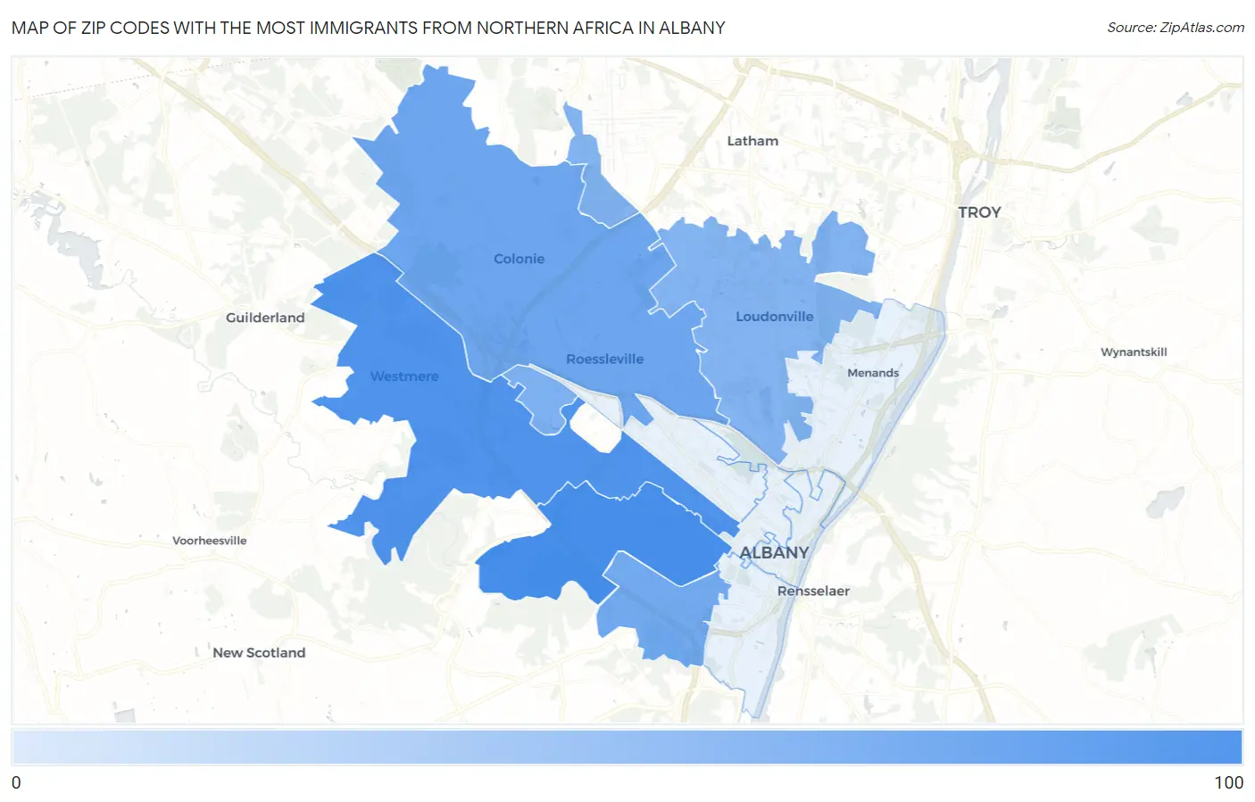 Zip Codes with the Most Immigrants from Northern Africa in Albany Map
