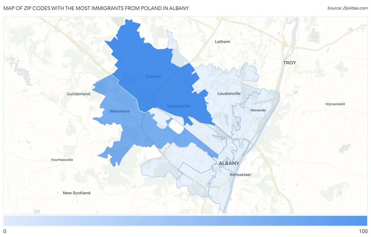 Zip Codes with the Most Immigrants from Poland in Albany Map
