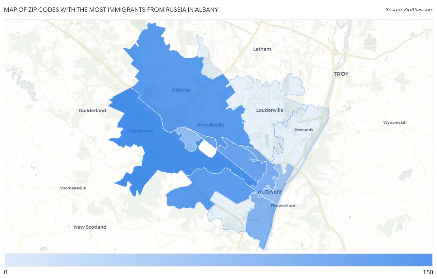 Zip Codes with the Most Immigrants from Russia in Albany Map