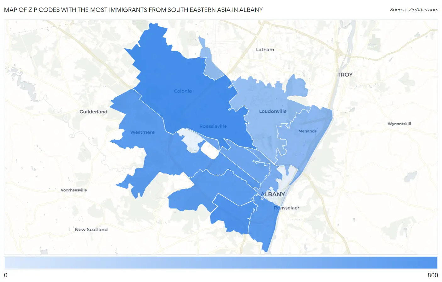 Zip Codes with the Most Immigrants from South Eastern Asia in Albany Map