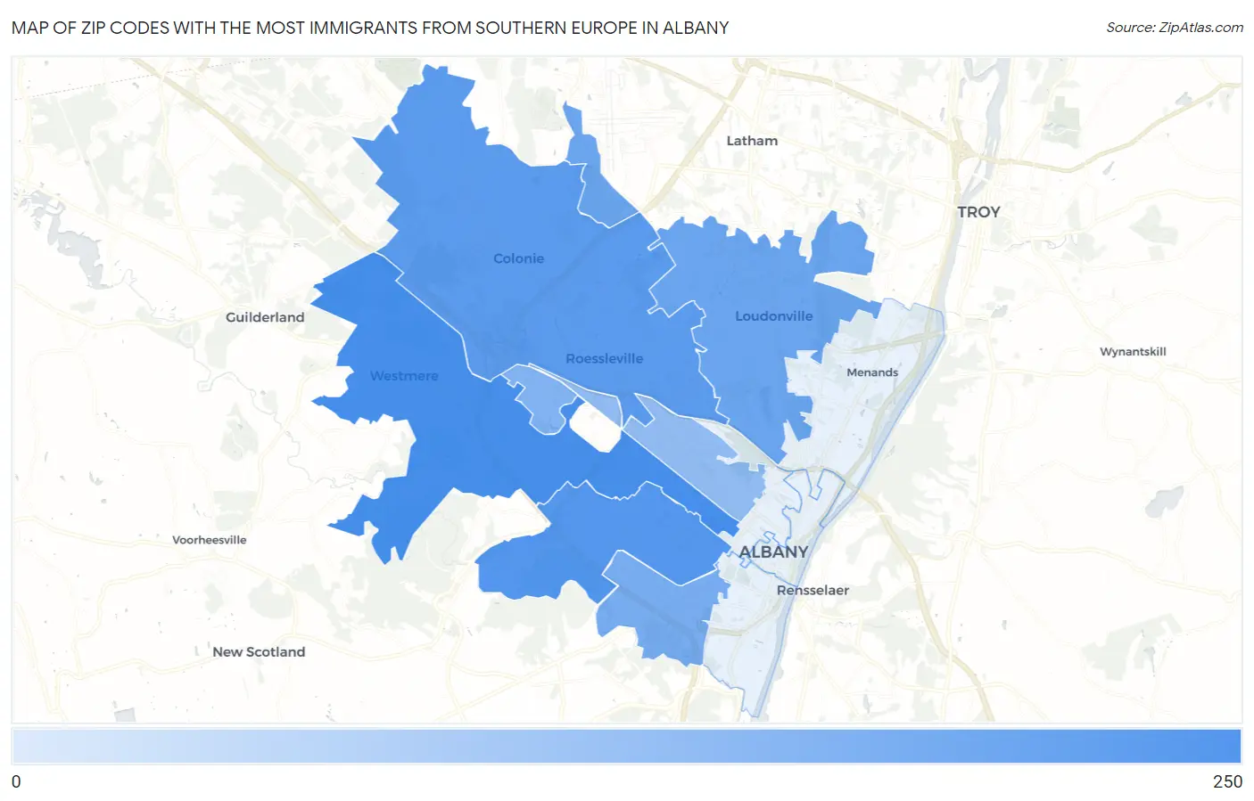 Zip Codes with the Most Immigrants from Southern Europe in Albany Map