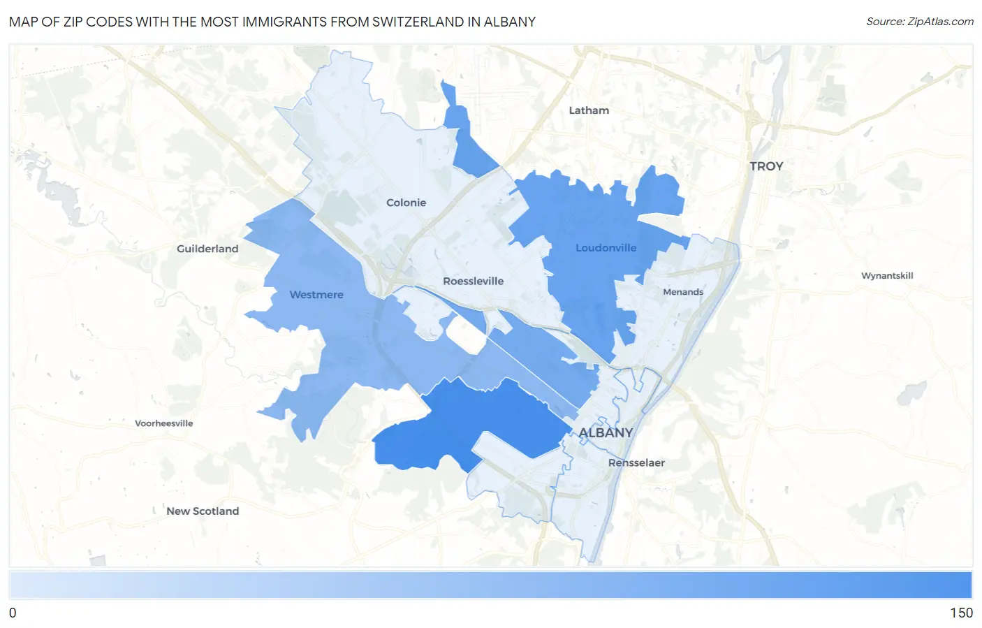 Zip Codes with the Most Immigrants from Switzerland in Albany Map