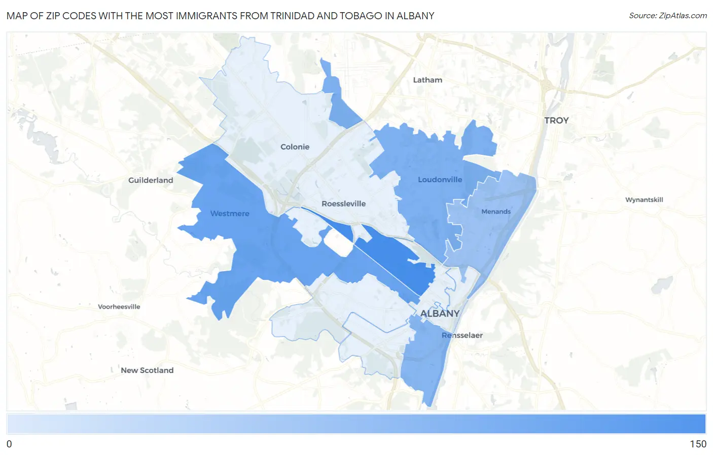 Zip Codes with the Most Immigrants from Trinidad and Tobago in Albany Map