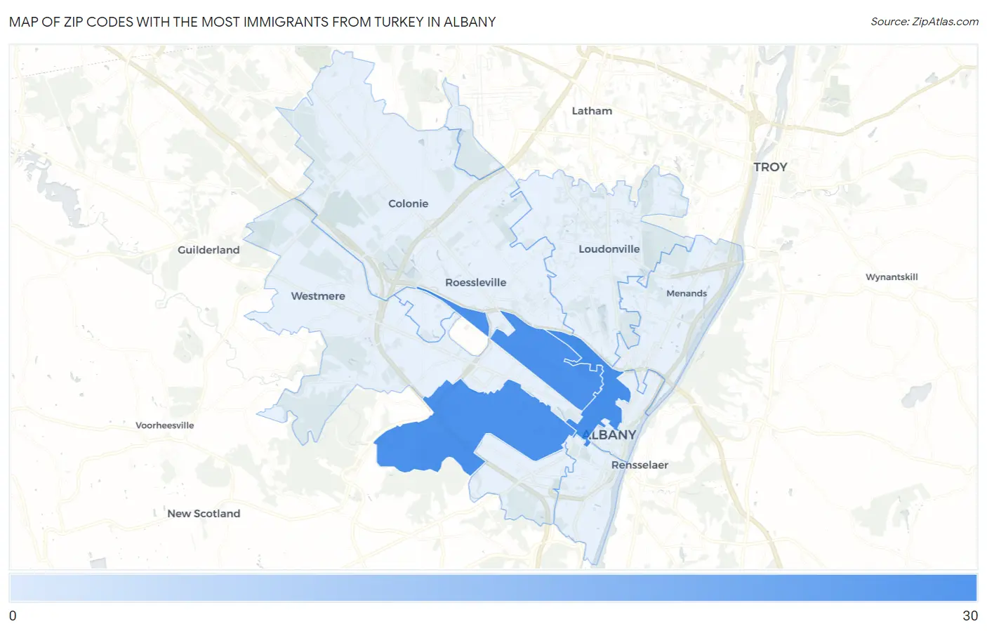 Zip Codes with the Most Immigrants from Turkey in Albany Map