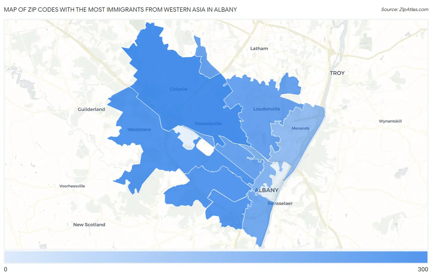 Zip Codes with the Most Immigrants from Western Asia in Albany Map