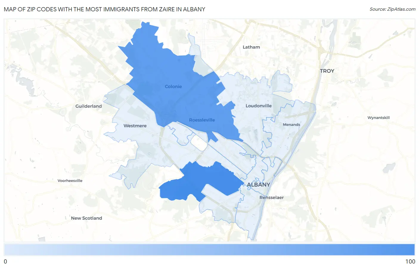 Zip Codes with the Most Immigrants from Zaire in Albany Map