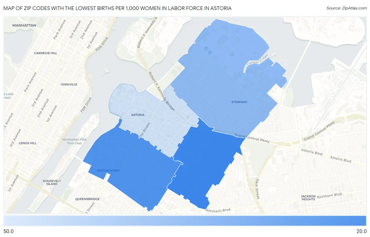 Zip Codes with the Lowest Births per 1,000 Women in Labor Force in Astoria Map