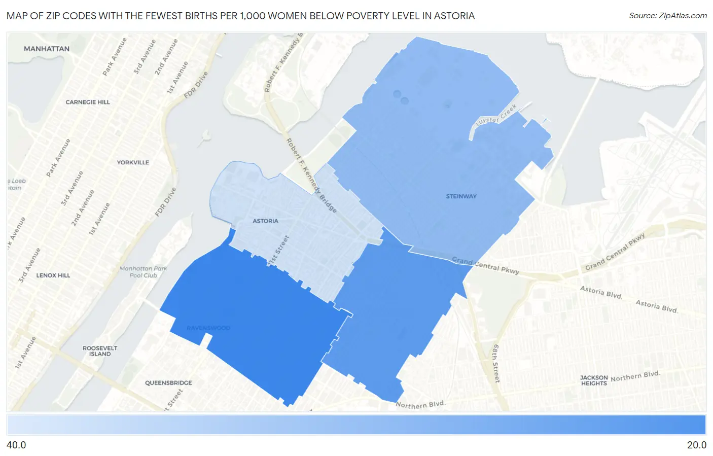 Zip Codes with the Fewest Births per 1,000 Women Below Poverty Level in Astoria Map