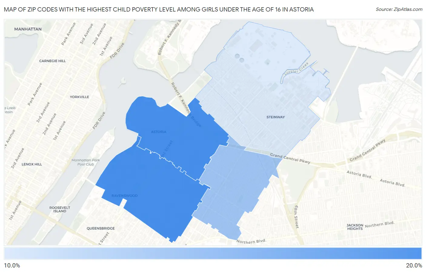 Zip Codes with the Highest Child Poverty Level Among Girls Under the Age of 16 in Astoria Map